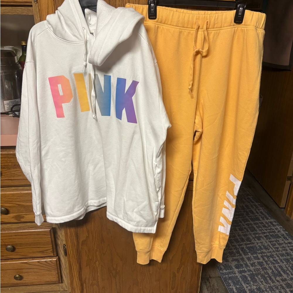 PINK Victoria's Secret White Hoodie and Yellow Joggers Set
